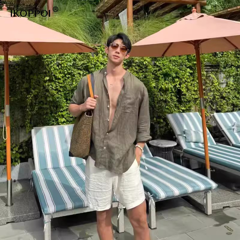 轻奢老钱风夏季松弛感衬衫军绿色衬衫男士穿搭防晒休闲百搭上衣