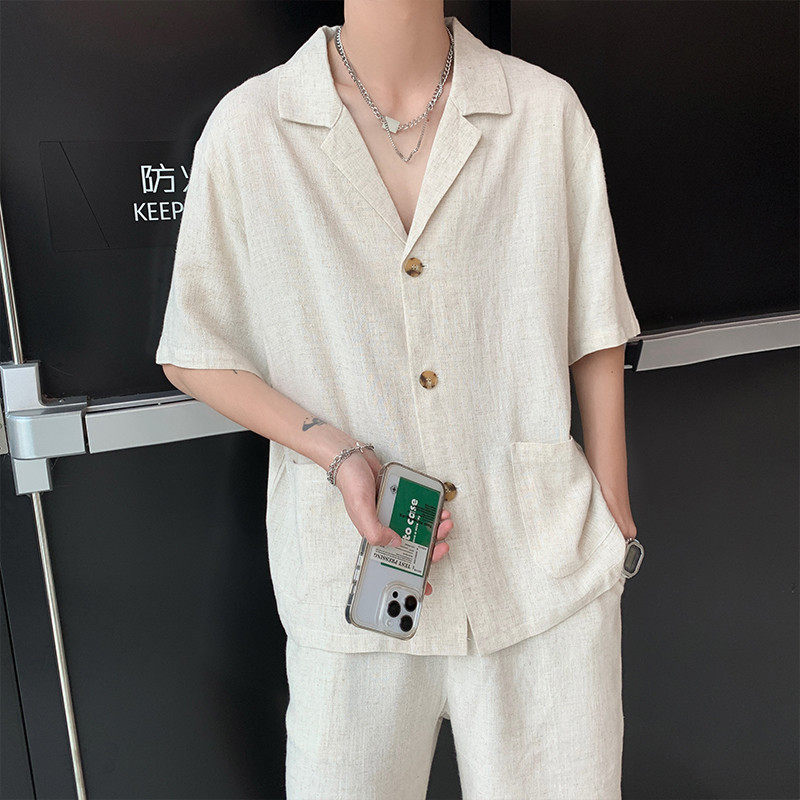 休闲运动套装男士夏季棉麻衬衣纯色短裤搭配一套透气简约速干男装