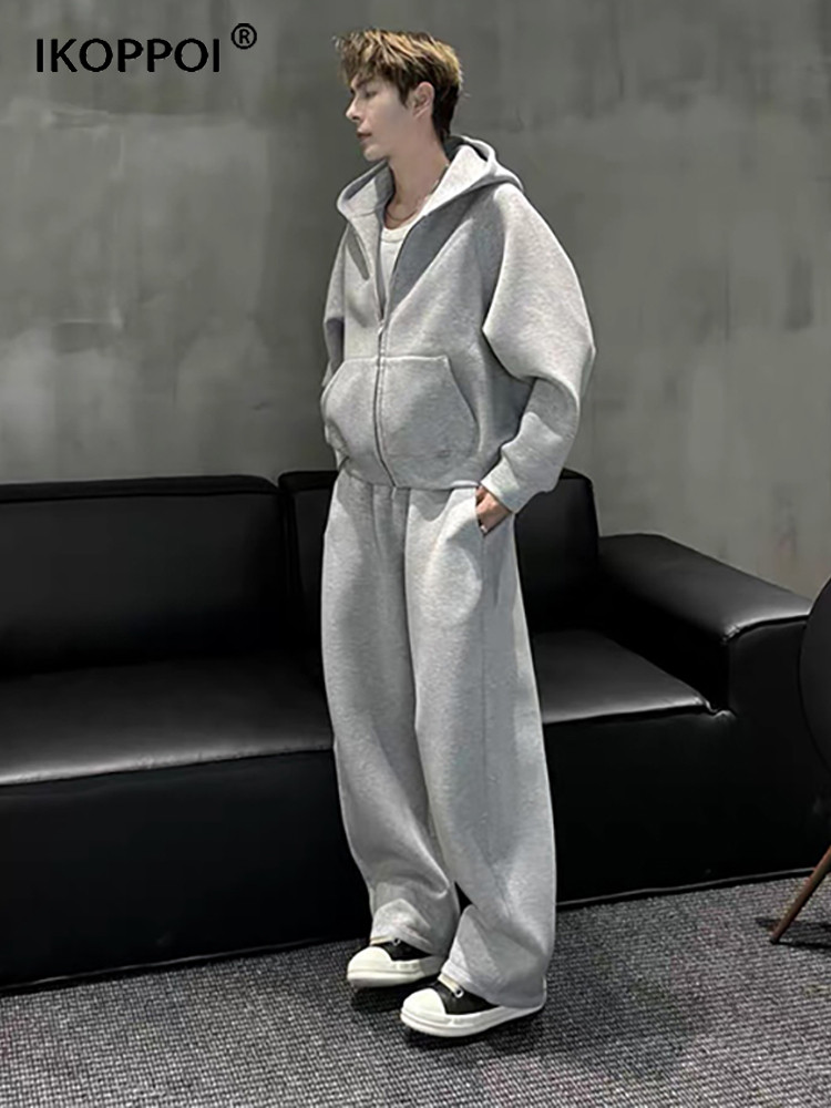 高端男士灰色连帽卫衣套装秋季韩系高级感宽松休闲外套裤子两件套