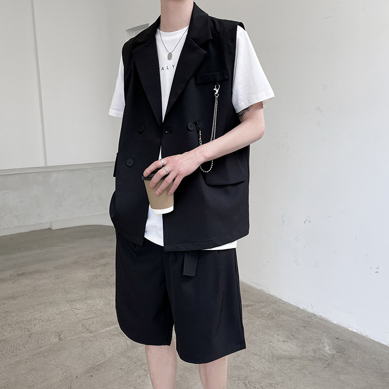 休闲运动套装男士夏季西服马甲短裤搭配一套韩版高级感潮牌两件套