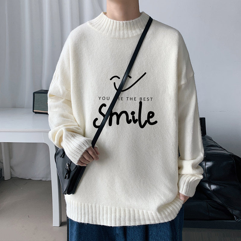 SEMI-TURTLENECK SWEATER MENS TRENDY BRAND LOOSE AND VERSATILE JACQUARD CASHMERE SWEATER AUTUMN AND WINTER THICKENED WARM WOOL KNITWEAR