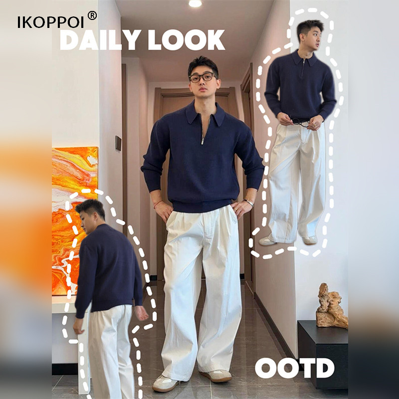 高端藏青色半拉链针织polo衫毛衣2025秋季慵懒风通勤宽松毛线上衣