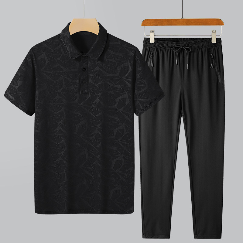 아버지의 날 옷 얼음 실크 캐주얼 정장 남성 여름 반팔 폴로 셔츠 멋진 바지 중년 느슨한 아빠 옷