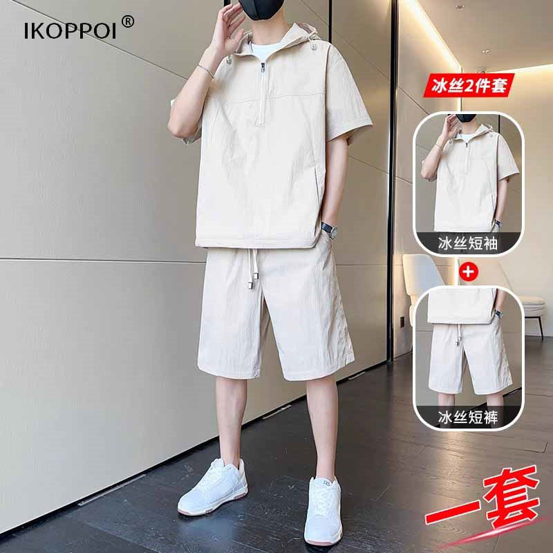 轻奢休闲运动套装男士夏季短袖短裤搭配一套2025新款工装连帽男装