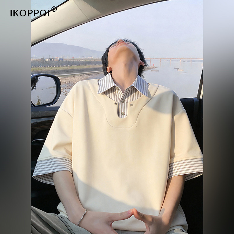 轻奢美式假两件条纹短袖Polo衫男夏季潮牌宽松半袖T恤高级感上衣