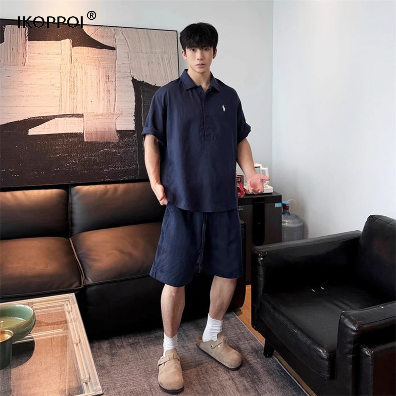 轻奢男士老钱风天丝亚麻套装2025夏季马标短袖POLO衫短裤两件套
