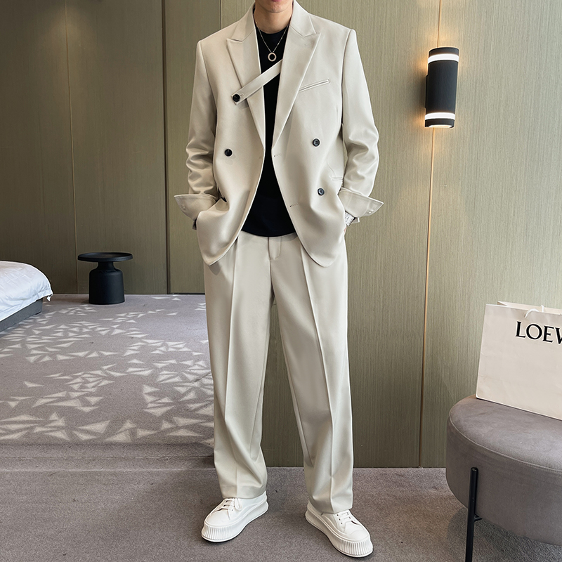西服套装男士春秋季韩版宽松纯色高级感西装高街潮流休闲痞帅男装