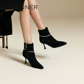 新款 千百度复古羊皮超高跟时装 靴女2025冬季 细跟短靴尖头弹力袜靴