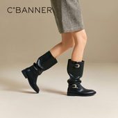 堆堆靴骑士靴长靴 新款 明星同款 千百度西部牛仔靴女2025冬季