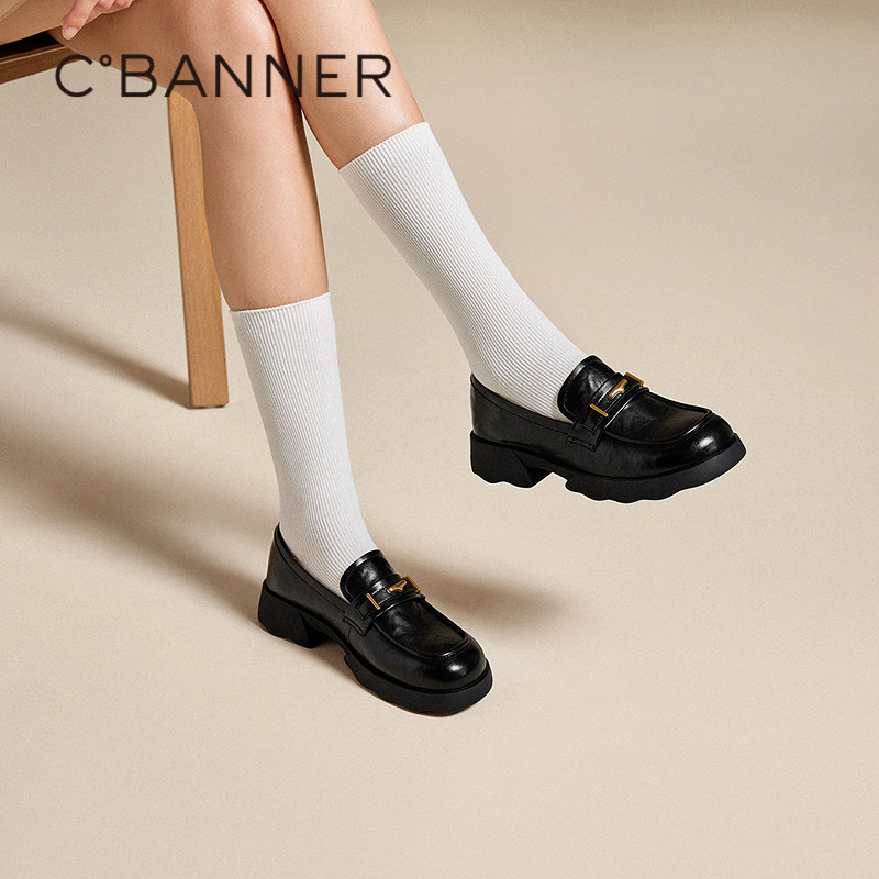 千百度厚底手抓皮乐福鞋（豆豆鞋）女百搭气质新款增高真皮小皮鞋,女鞋,乐福鞋（豆豆鞋）,淘宝优惠券,粉丝福利购,淘宝优惠卷