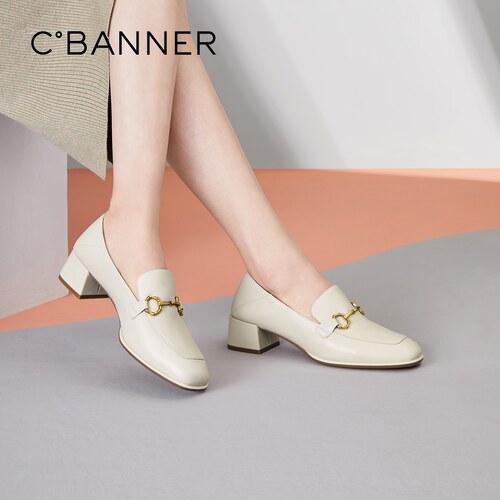 千百度女鞋牛皮中跟通勤