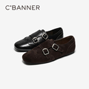 女2026春季 单鞋 新款 黑色小皮鞋 薄底豆豆鞋 千百度扣饰内增高乐福鞋