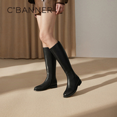 千百度粗跟高筒骑士靴百搭秋冬气质美拉德风真皮长靴女鞋 瘦瘦靴