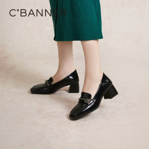 方头粗高跟乐福鞋千百度通勤