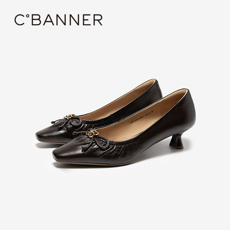 千百度羊皮粗高跟鞋女2026春季新款方跟小皮鞋蝴蝶结通勤浅口单鞋,女鞋,浅口单鞋,淘宝优惠券,粉丝福利购,淘宝优惠卷