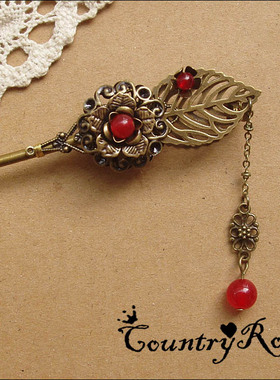 古典宫廷双面红色发簪古风铜制流苏花朵步摇簪子古装cos配饰发夹