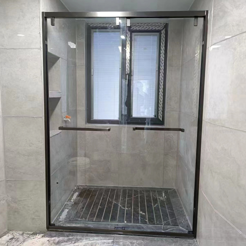 枪灰简约不锈钢淋浴房带缓冲卫生间玻璃隔断一字形极简双移门定制