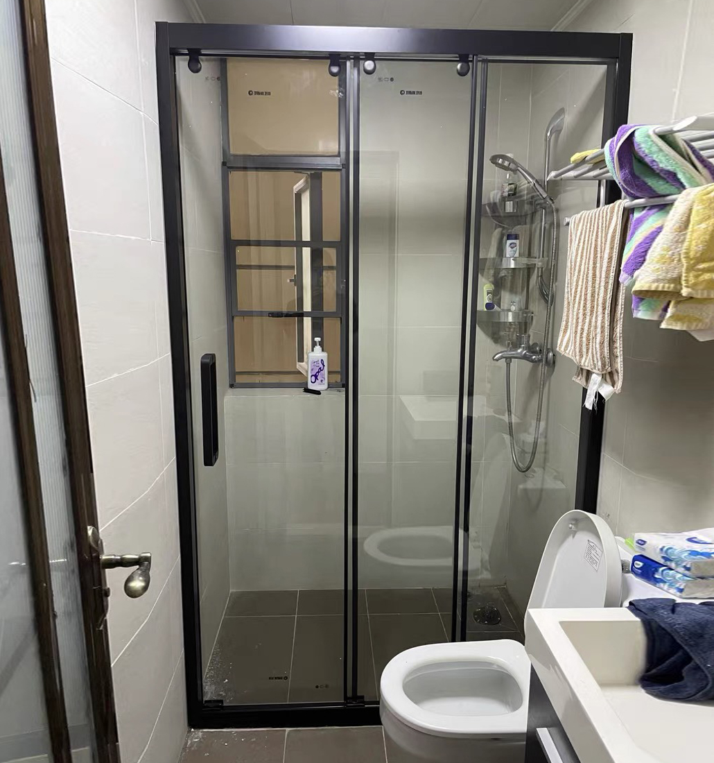 定制一字形浴室三门联动淋浴房干湿分离三推拉移门隔断钢化玻璃
