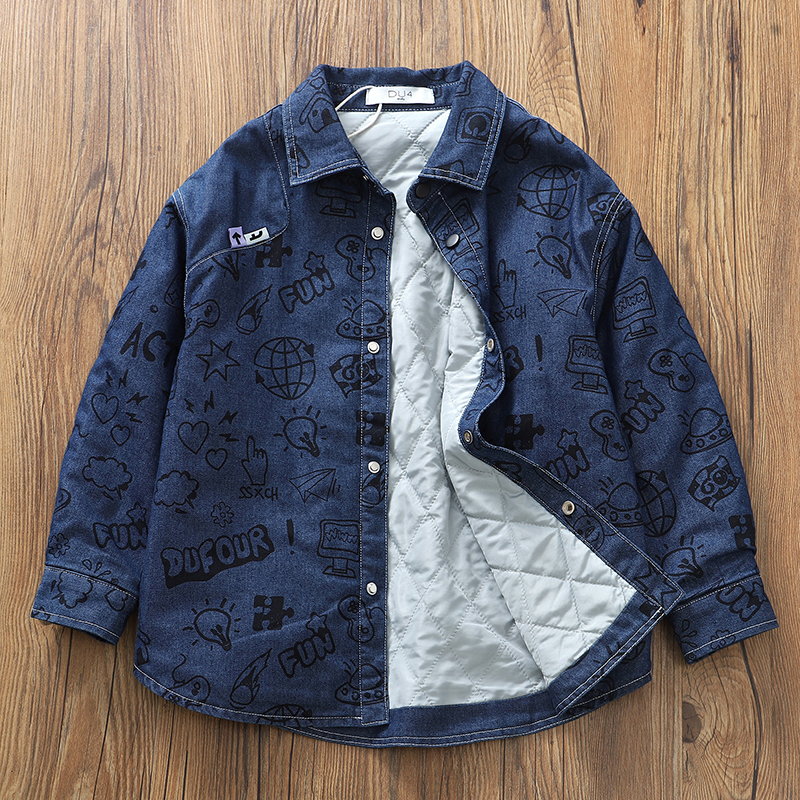 高品质童装男童秋冬夹棉保暖牛仔衬衫~儿童中大童有型翻领衬衣A