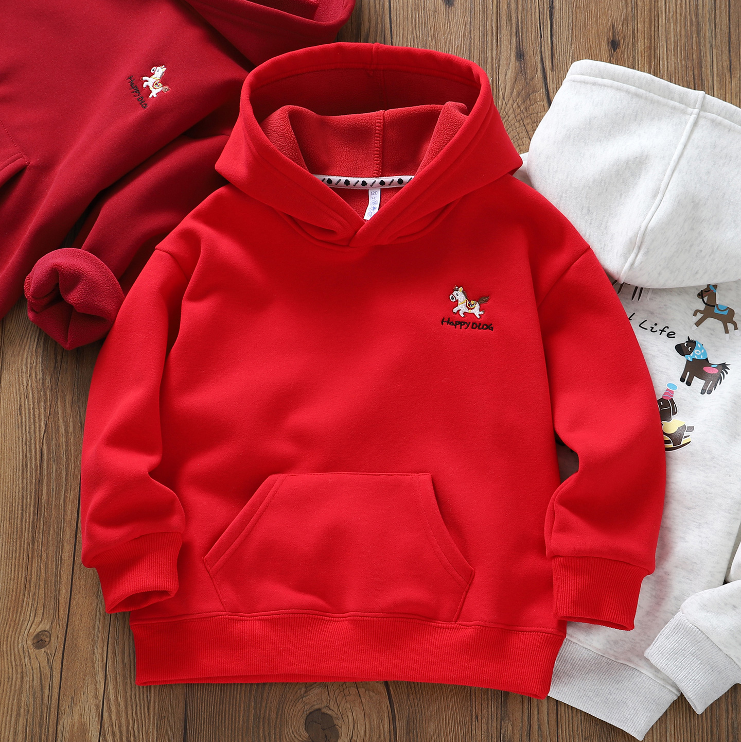 男童加绒连帽卫衣红色拜年服上衣