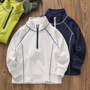 A类~儿童立领半开拉链长袖T恤~男童秋冬新款薄绒打底衫上衣童装A