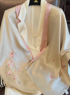 双头绣苏绣真丝丝巾女桑蚕丝手工刺绣长款春秋盘扣大披肩围巾两用