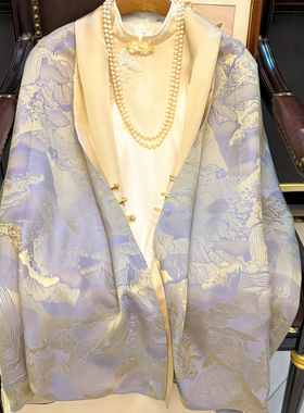 新中式国风显白气质雾蓝色双层双面桑蚕丝提花缎面披肩真丝丝巾女