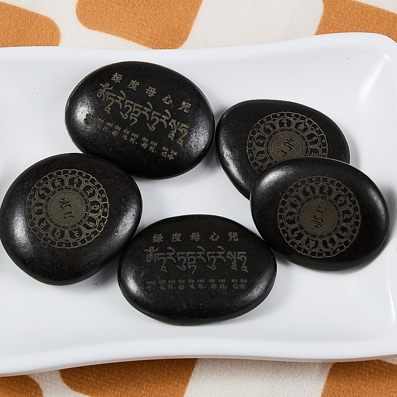 结缘深刻绿度母玛尼石三种语言心咒双面雕刻西藏密宗供养石