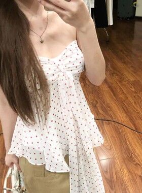 甜辣妹红色波点蝴蝶结抹胸背心女夏季法式小众显瘦无袖短款小上衣