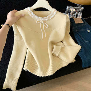 甜美风奶黄色圆领针织衫 宽松设计感系带套头毛衣 女2025秋冬新款