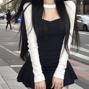 显瘦A字短裙 气质修身 韩式 复古辣妹风设计感撞色连衣裙女春秋新款