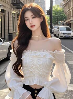 韩式复古纯欲风白色木耳边一字肩衬衫女2026春季新款显瘦小衫上衣