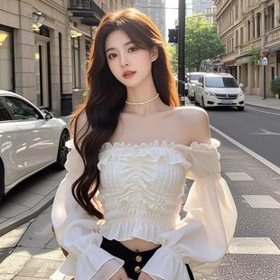 显瘦小衫 韩式 新款 女2025春季 上衣 复古纯欲风白色木耳边一字肩衬衫