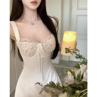 2024夏季 纯欲风白色蕾丝拼接吊带A字裙女辣妹高腰缝缝连衣裙 新款