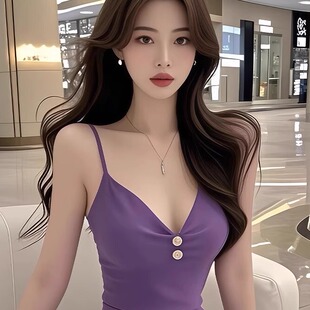 新款 气质收腰显瘦包臀短裙 复古紫色吊带V领连衣裙女2026夏季 韩式