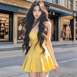 纯欲风辣妹黄色抹胸一字肩a字短裙女2026夏季 气质显瘦连衣裙 新款