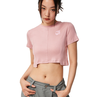 T恤 辣妹圆领套头短袖 CHIGGALAB23SS不规则拼接修身 剪裁打底女短款