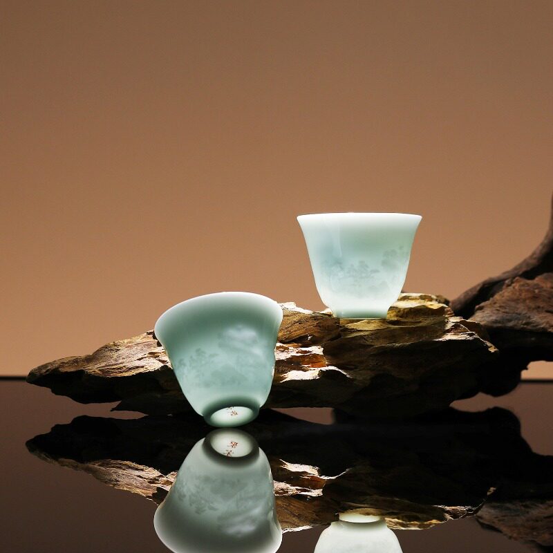 影青玉瓷功夫茶杯家用陶瓷小茶杯富春山居品茗杯待客喝茶专用杯