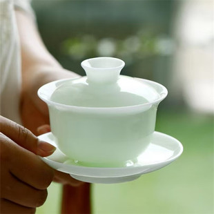 冰种翡翠玉瓷盖碗茶杯泡茶碗三件套单个三才大号功夫家用茶具套装