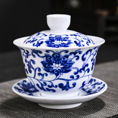 七色福青花瓷三才盖碗茶杯