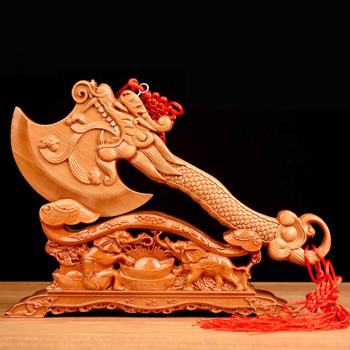 肥城桃木斧子摆件搬家乔迁龙头斧头木雕摆件结婚坐福家居工艺饰品