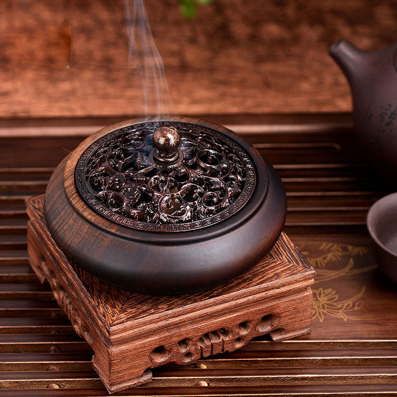 黑檀实木香炉家用室内薰香大号盘香炉香薰艾柱炉茶道居家办公摆件