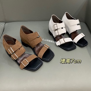 夏季 女25新款 7cm增高 外穿坡跟拖鞋 小个子厚底一字带罗马凉鞋