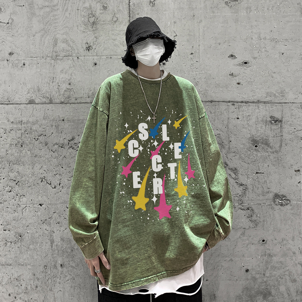 直播品质！秋装新品水洗做旧宽松印花长袖T恤XZ203-CT645-P55..,男装T恤,星座203