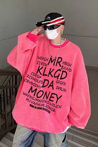 玫红色卫衣男生春秋季加厚美式hiphop外套印花字母宽松大码打底衫图片