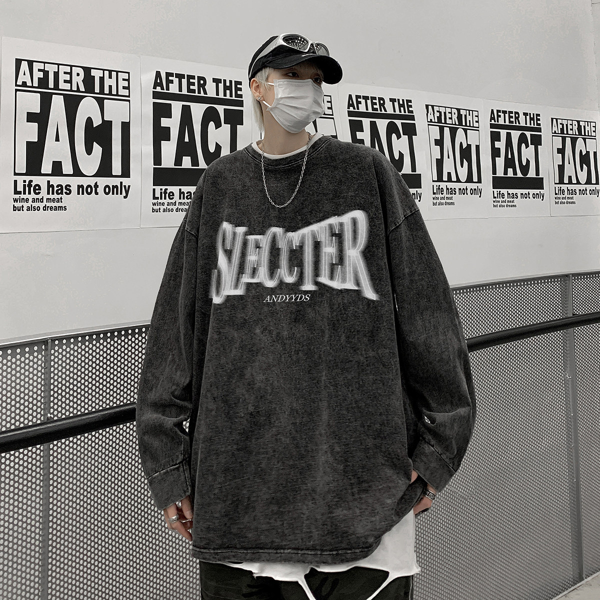 直播品质！秋装新品水洗做旧宽松印花长袖T恤XZ203-CT215-P55,男装T恤,星座203