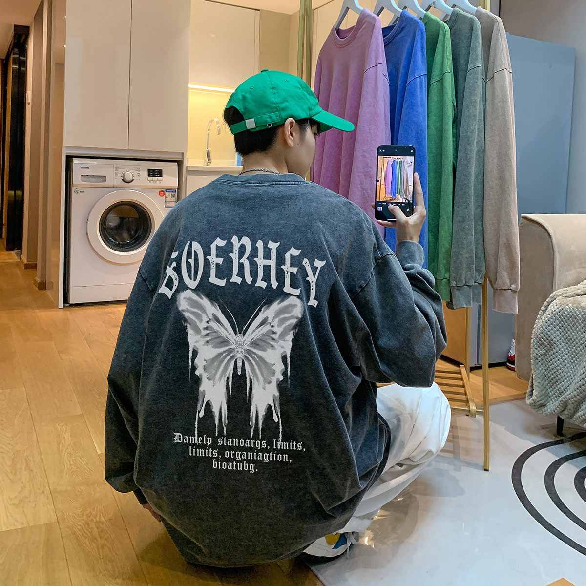 直播品质！秋装新品水洗做旧宽松印花长袖T恤XZ203-CT214-P55,男装T恤,星座203