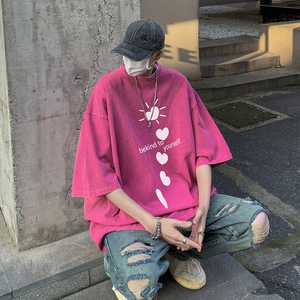 水洗做旧紫色320g重磅t恤男款短袖美式高街复古hiphop潮牌七分袖图片