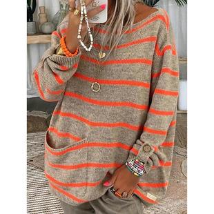 contrast solid round color for striped women Sweater loose