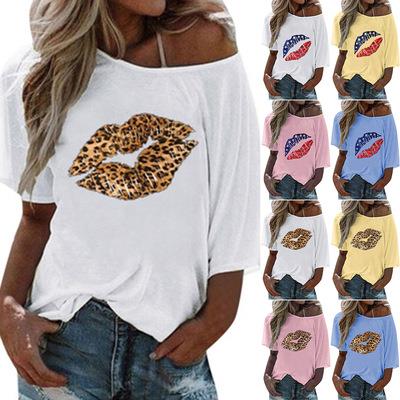 Womens mid-length sleeve T-shirt fashionable lips wide